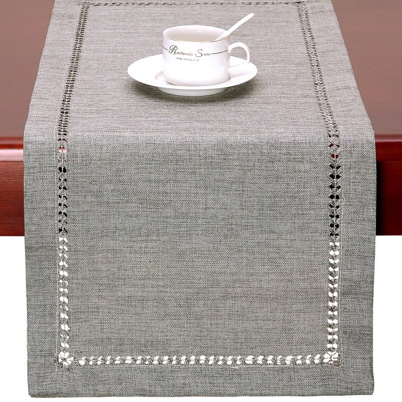 Grelucgo Large Handmade Hemstitch Gray Dining Table Runner Rectangular 14 by 120 Inch - Image 2